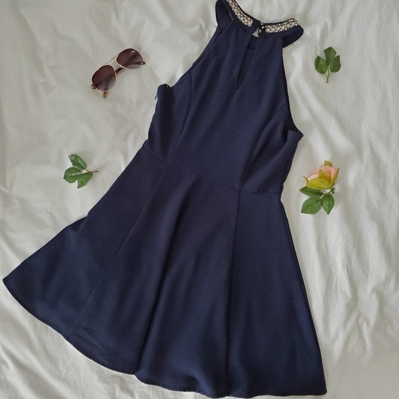 One Clothing High Neck A-Line Dress Navy Sz Small - Picture 2 of 6